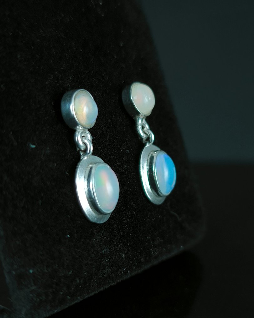 Opal Sterling Silver Earrings - Height: 20 mm - Width: 8 mm- 2.66 g - (2) #1.0