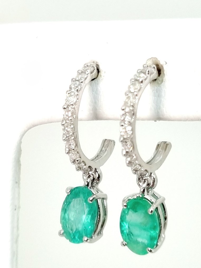 Σκουλαρίκια - 18 καράτια Λευκός χρυσός Σμαράγδι - Διαμάντι #1.0