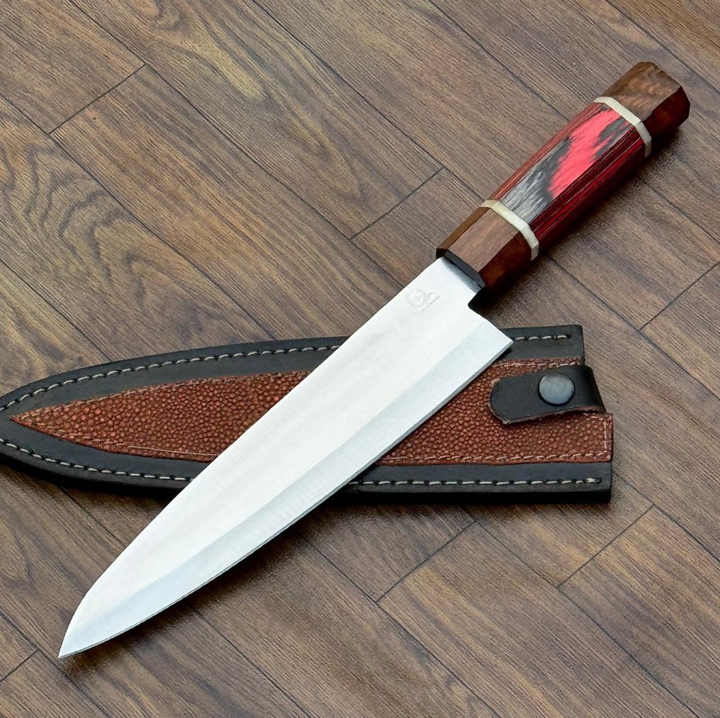 厨刀 - 日本风格。手工厨房刀，非洲乌木。皮革 10/49 - 亚洲 #1.0