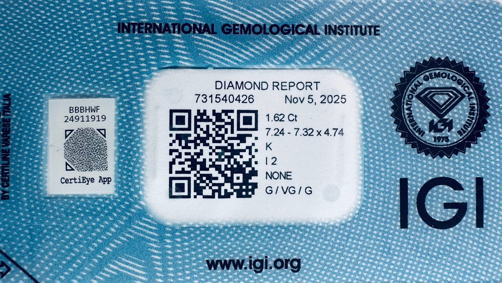 1 pcs Διαμάντι (Φυσικό) - 1.62 ct - Στρογγυλό - K - I2 - International Gemological Institute (IGI) - φυσικό #4.3