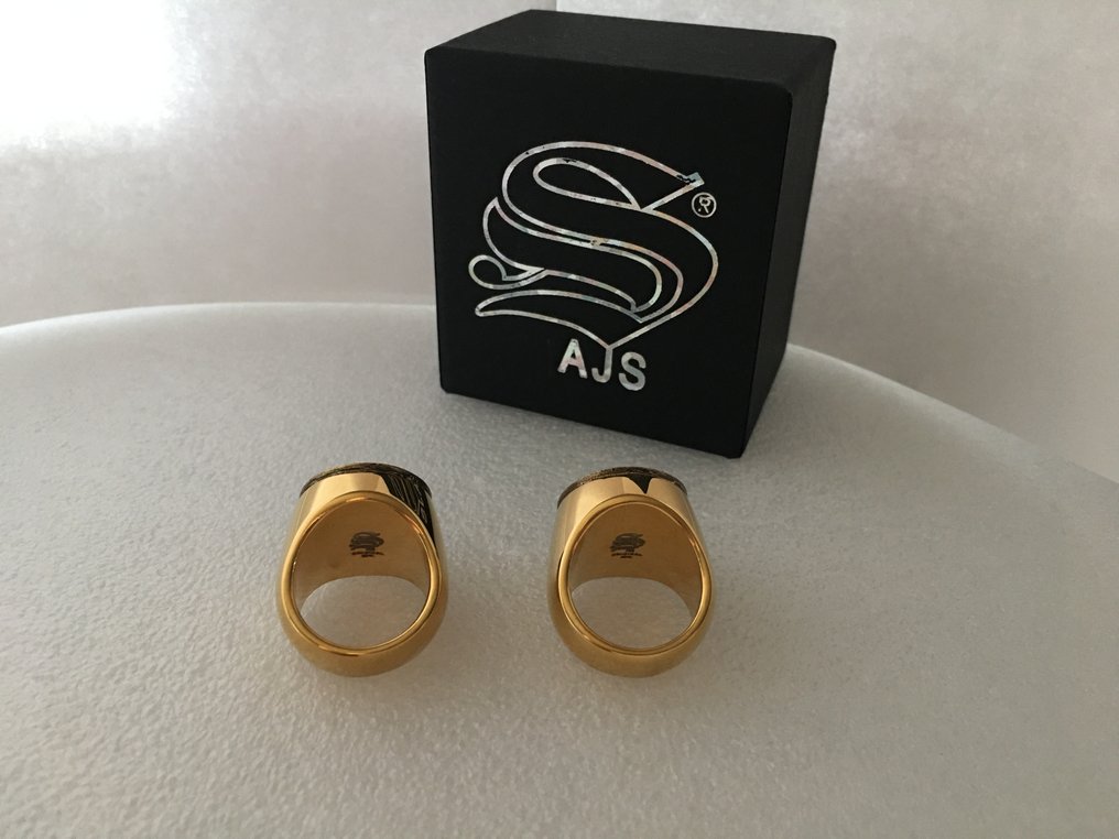 AJS 2件套收藏家戒指，不锈钢手术钢材质，镀24kt黄金+铜镀层+陶瓷珐琅 - 戒指 #2.1