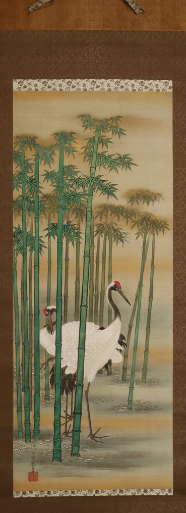 Una coppia di gru con pino e bambù - Con firma Tōsui Aikei ga 洞水愛敬畫 - Seta - Okabe Tosui (c.1780–1850) - Giappone - Metà periodo Edo #4.3