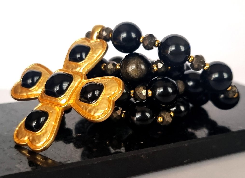 Obsidian og pyritt - Kongelig halskjede - Byzantinsk - Trilobé-kors i hjerte - Skygge og lys - Halskjede med anheng #4.3