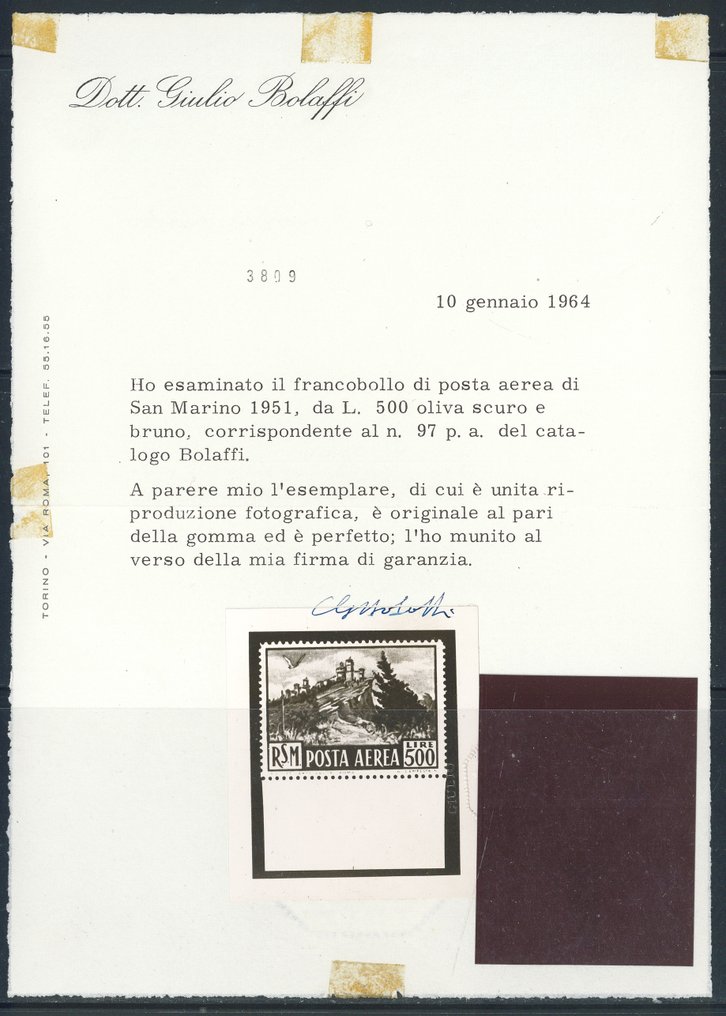 圣玛利诺  - 500里拉风景画，P.A.编号97 bdf，极佳。博拉菲证书。 #1.0