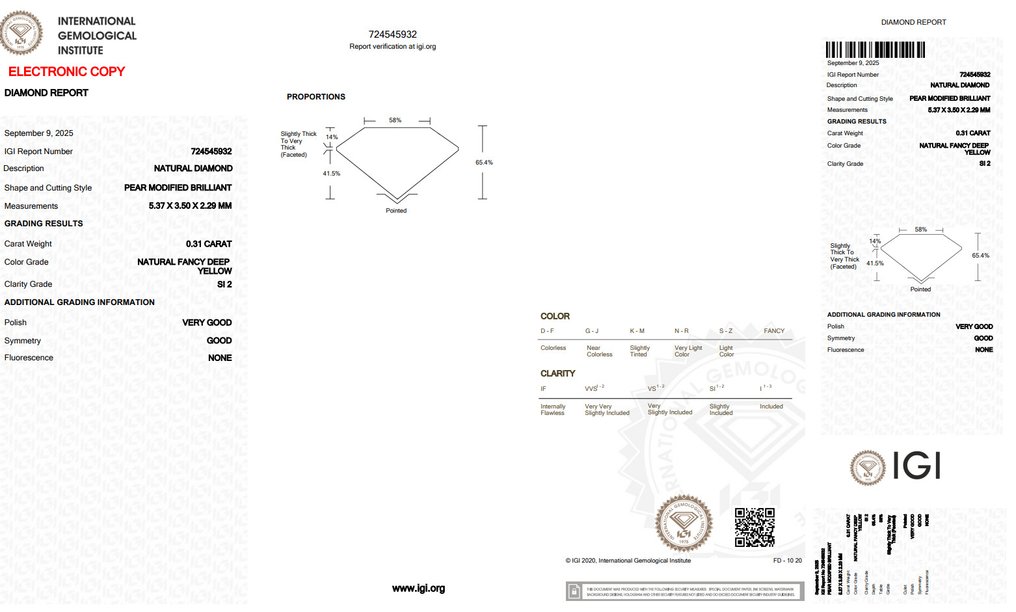 没有保留价 - 1 pcs 钻石 (天然色彩的) - 0.31 ct - 梨形 - Fancy deep 黄色 - SI2 微内含二级 - 国际宝石研究院(IGI) #2.1