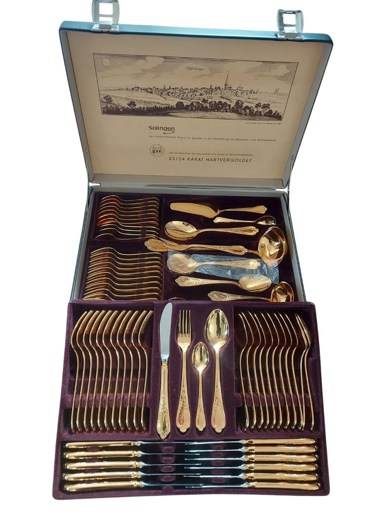 Servizio di posate per 12 - Oro placcato 23/24k 18-10 / 70 delig - Set di coltelli di lusso Solingen #1.0