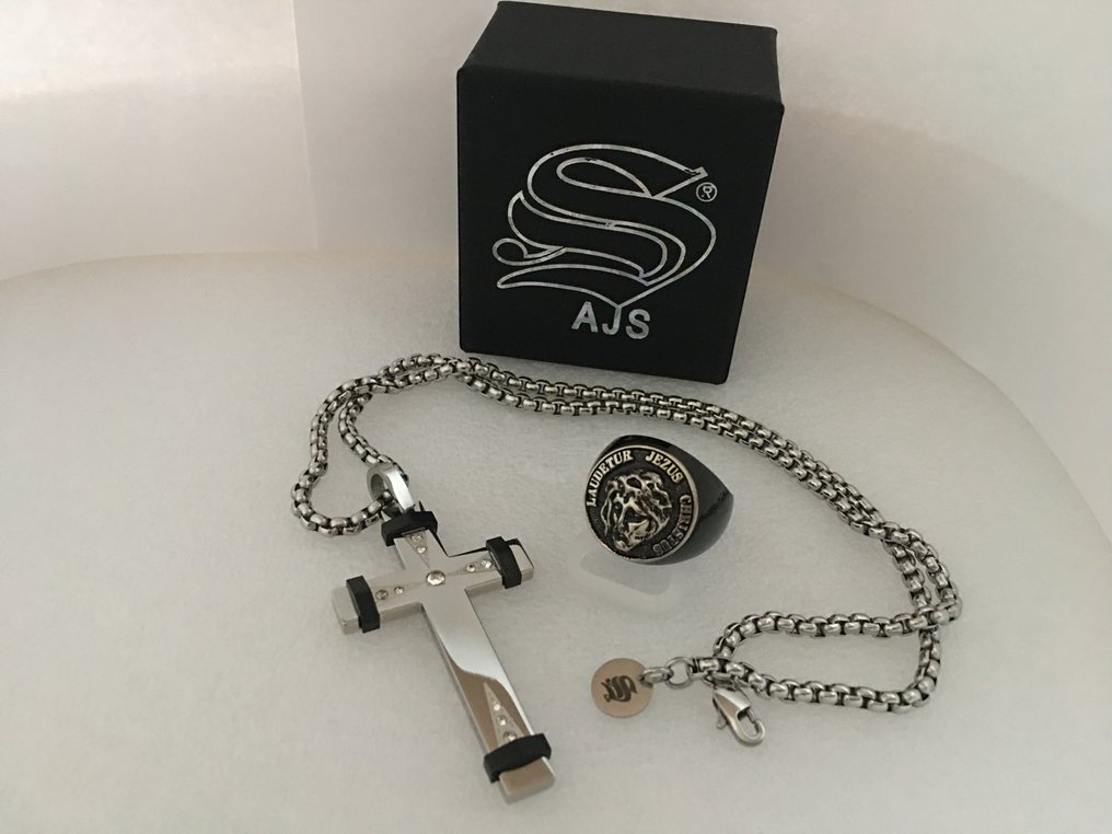 AJS 限量版现代十字架与戒指，低过敏性钢材与钨金属镀层及立方氧化锆 - 吊墜頸鏈 #2.1