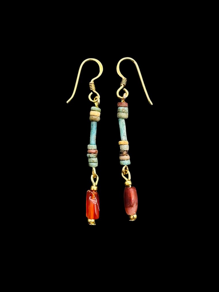 带有古埃及木乃伊珠子和红玉髓珠的耳环（1972年前的瑞士收藏） - 埃及  (没有保留价) #1.0