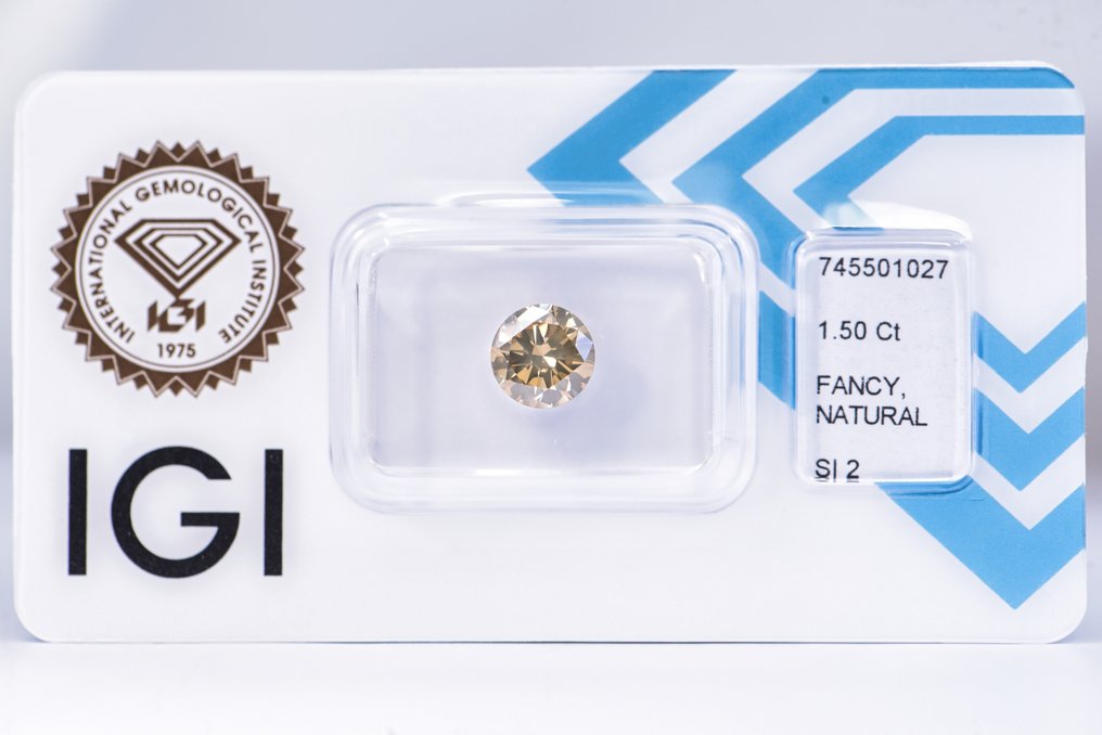 没有保留价 - 1 pcs 钻石  (天然色彩的)  - 1.50 ct - 圆形 - Fancy 稍帶綠色的, 稍帶棕色的 黄色 - SI2 微内含二级 - 国际宝石研究院（IGI） - VG #1.0