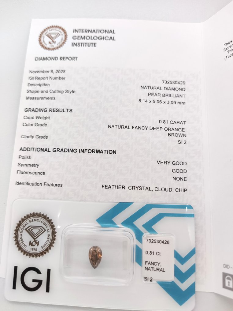 没有保留价 - 1 pcs 钻石  (天然色彩的)  - 0.81 ct - 梨形 - Fancy deep 橙色 棕色 - SI2 微内含二级 - 国际宝石研究院（IGI） #3.2