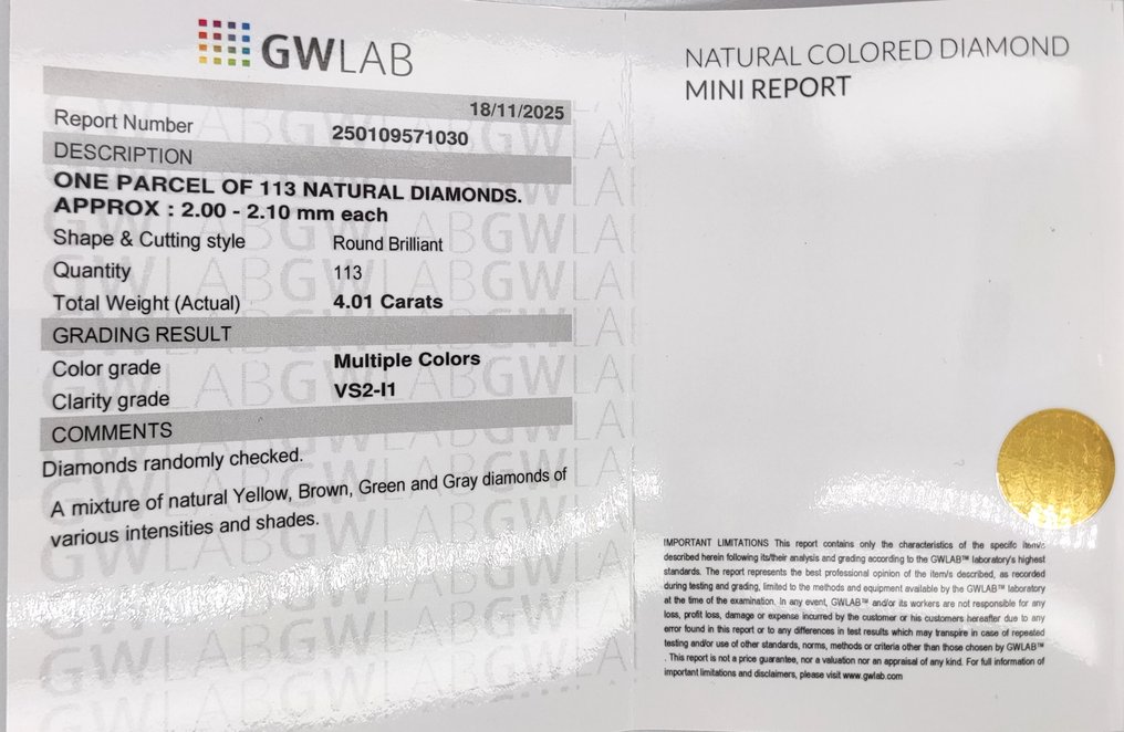 Ohne Mindestpreis - 113 pcs Diamant (Natürlich farbig) - 4.03 ct - Rund Gemischte Farben - VS2, I1 - Gemewizard Gemological Laboratory (GWLab) #3.2