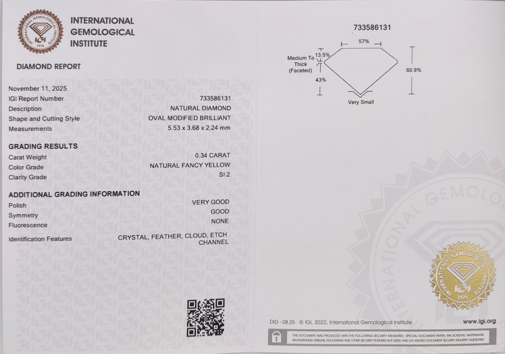 没有保留价 - 1 pcs 钻石  (天然色彩的)  - 0.34 ct - 椭圆形 - Fancy 黄色 - SI2 微内含二级 - 国际宝石研究院（IGI） #4.3