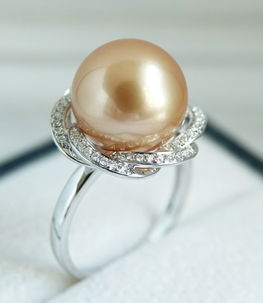 Δαχτυλίδι 18 καρατίων λευκόχρυσο - 24K χρυσή κορεσμός, στρογγυλό, 12.69 mm - Χρυσή Νότια Θάλασσα. Μαργαριτάρι - Διαμάντι - Μέγεθος: US 9 Δωρεάν Ρύθμιση Μεγέθους #1.0