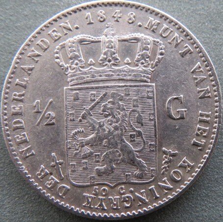 Nederland. Willem II. 1/2 Gulden 1848 met jaartalwijziging of 1848/47  (Ingen reservasjonspris) #1.0