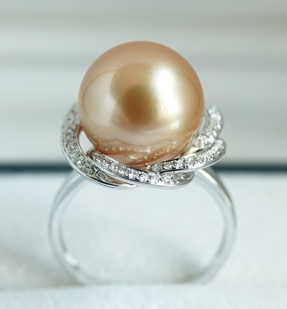 Δαχτυλίδι 18 καρατίων λευκόχρυσο - 24K χρυσή κορεσμός, στρογγυλό, 12.69 mm - Χρυσή Νότια Θάλασσα. Μαργαριτάρι - Διαμάντι - Μέγεθος: US 9 Δωρεάν Ρύθμιση Μεγέθους #1.0