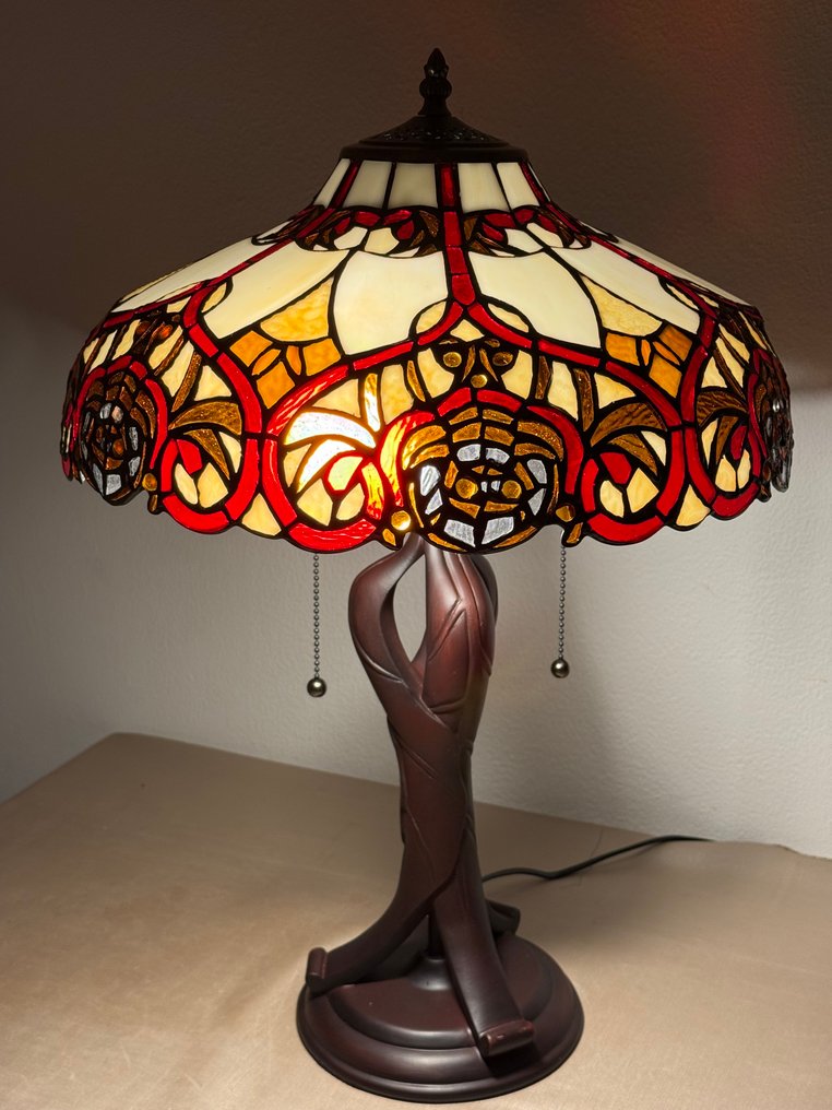 XXL Tiffany stijl tafellamp RUBY & GOLD GLOW lamp met 2 lichtpunten Ø 41x58cm! - Tischlampe - Glas in Blei, Metall #1.0