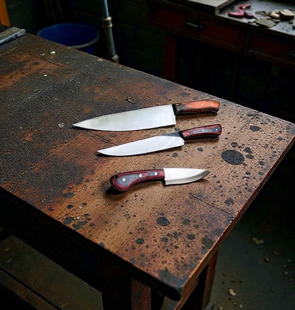 Set of THREE, Hand-Forged with Old Steel, Japanese Style Knives from Elite - Coltello da cucina - Chef's knife - Acciaio, Legno, Set squisito di 3 coltelli vintage in acciaio giapponese vecchio forgiato a mano. - Giappone #4.3