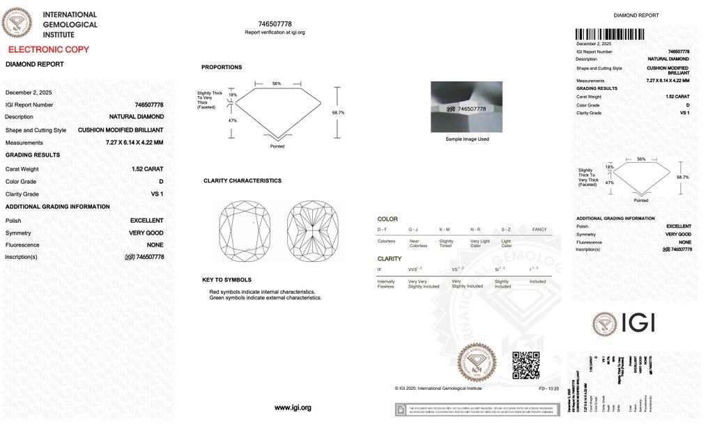 1 pcs Diamond (Natural) - 1.52 ct - Cushion - D (colourless) - VS1 - International Gemological Institute (IGI) - Dazzling Diamond #2.1