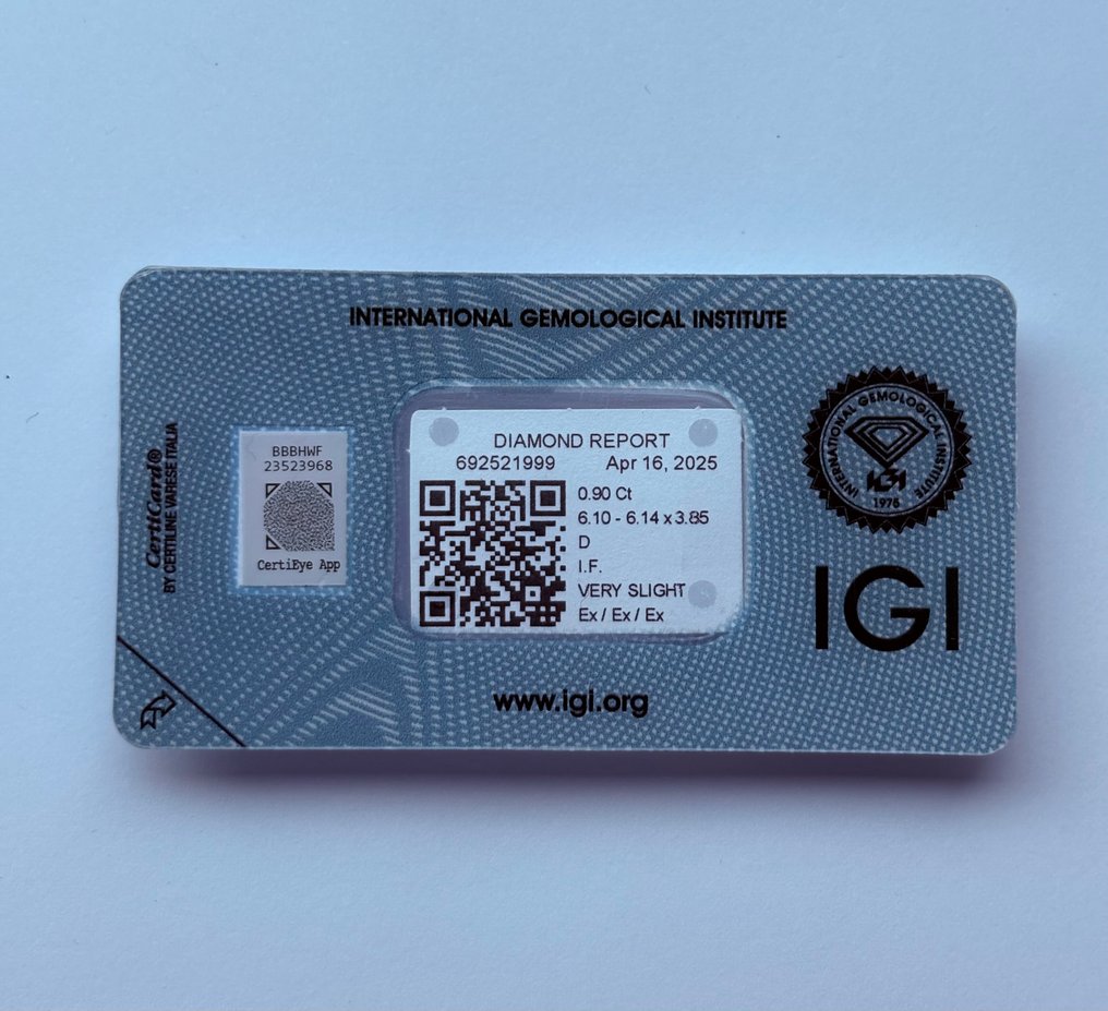 1 pcs Diamond (Natural) - 0.90 ct - Round - D (colourless) - IF - International Gemological Institute (IGI) - Ex Ex Ex #1.0