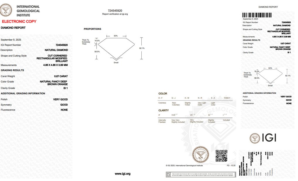 没有保留价 - 1 pcs 钻石  (天然色彩的)  - 0.87 ct - 雷地恩型 - Fancy deep 棕色 橙色 - SI1 微内含一级 - 国际宝石研究院（IGI） #2.1