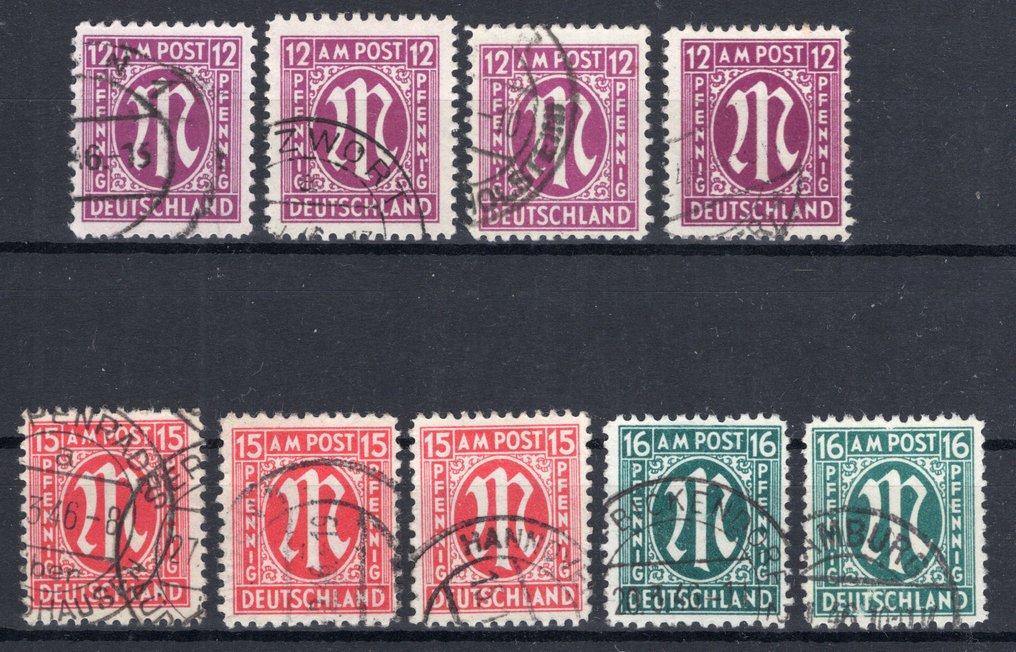 Liittoutuneet - Saksa (amerikkalainen ja englantilainen vyöhyke) 1945 - 12, 15 ja 16 Pf. AM Post Deutscher Druck, kaikkia versioita on tarkistettu. - Michel 23 Az, Bz, Cz, Dz, 24 Az, Bz, Cz, 25 Az, Bz #1.0