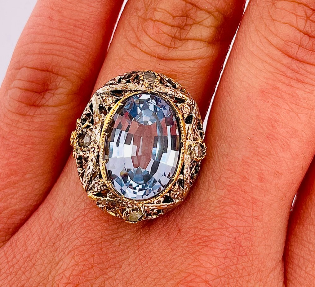 Nincs minimálár - Gyűrű - 9 Kt Sárga arany, Ezüst Akvamarin - Gyémánt #4.3