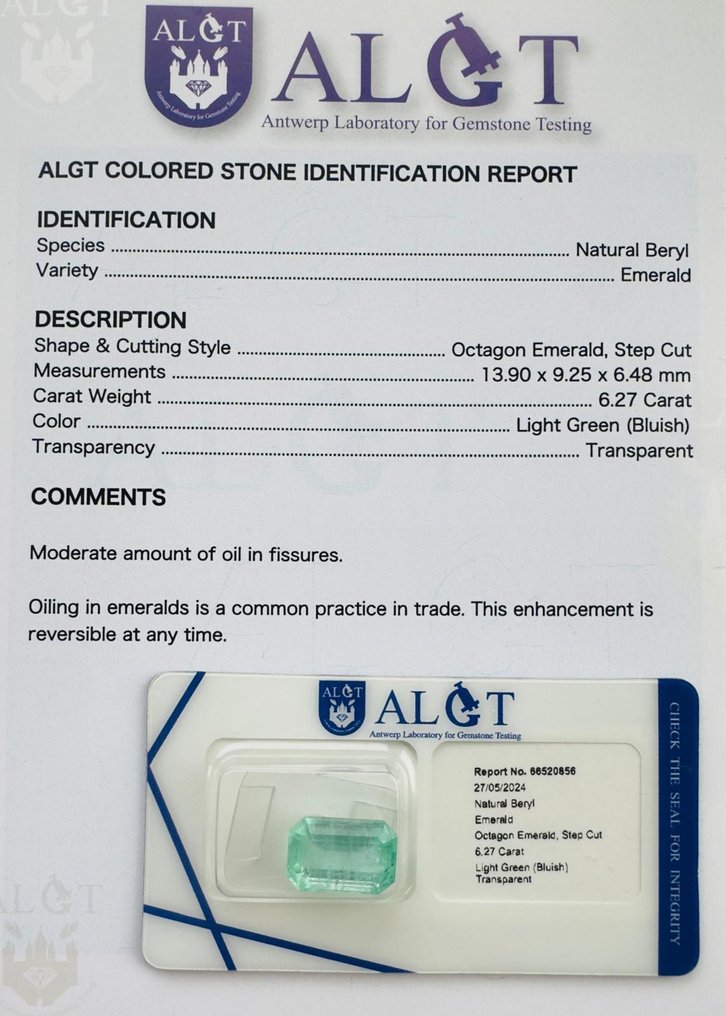 No Reserve Price - 1 pcs  Green Beryl  - 6.27 ct - Antwerp Laboratory for Gemstone Testing (ALGT) #3.2
