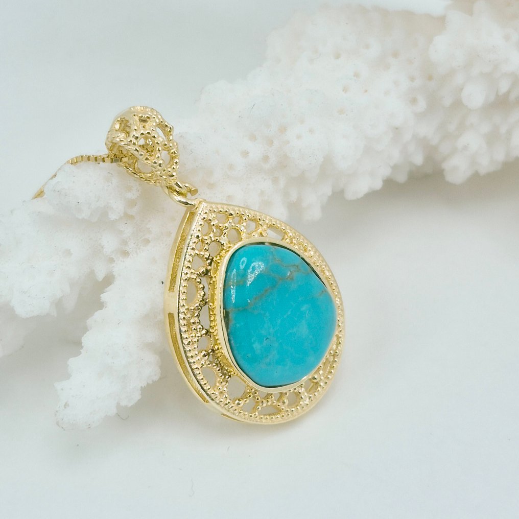 綠松石 - 銀, 鍍金 - 吊墜頸鏈 - 美国奶油色 #1.0