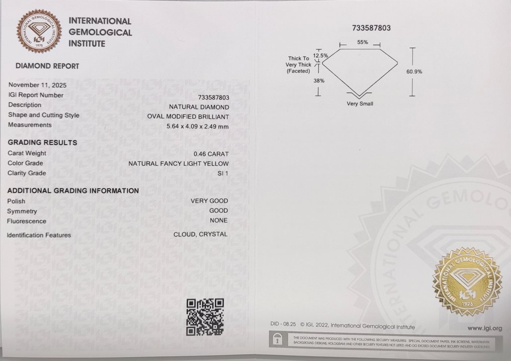 没有保留价 - 1 pcs 钻石  (天然色彩的)  - 0.46 ct - 椭圆形 - Fancy light 黄色 - SI1 微内含一级 - 国际宝石研究院（IGI） #4.3