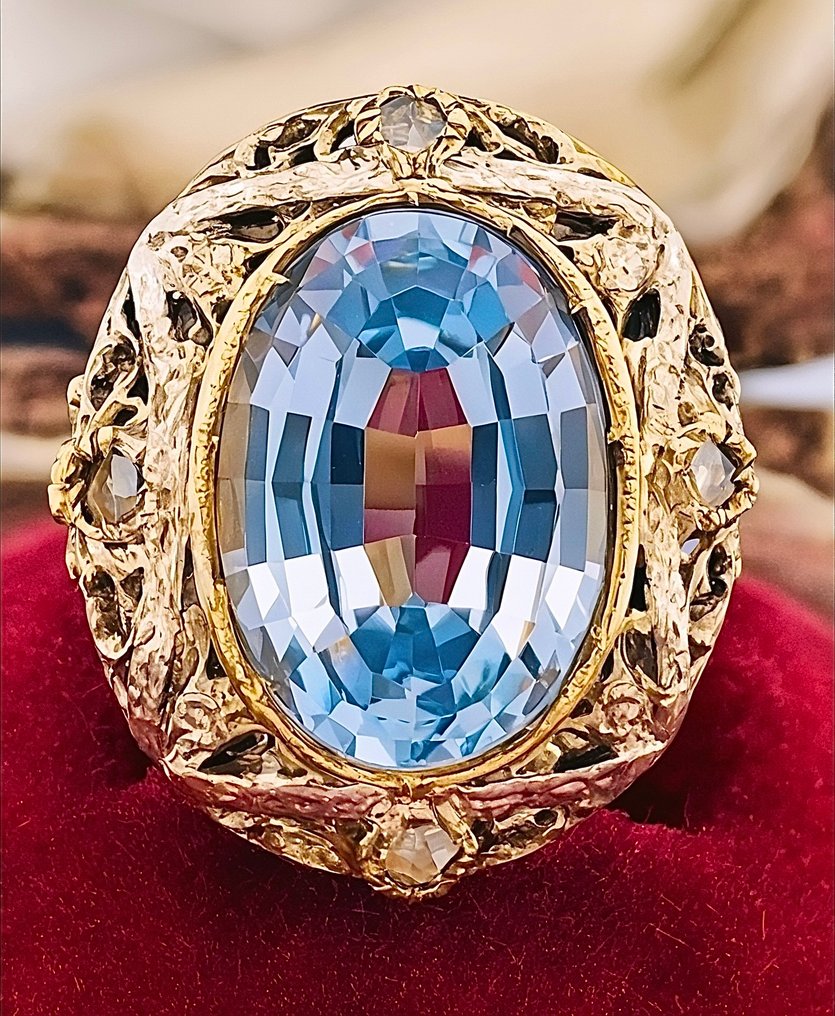 Nincs minimálár - Gyűrű - 9 Kt Sárga arany, Ezüst Akvamarin - Gyémánt #1.0