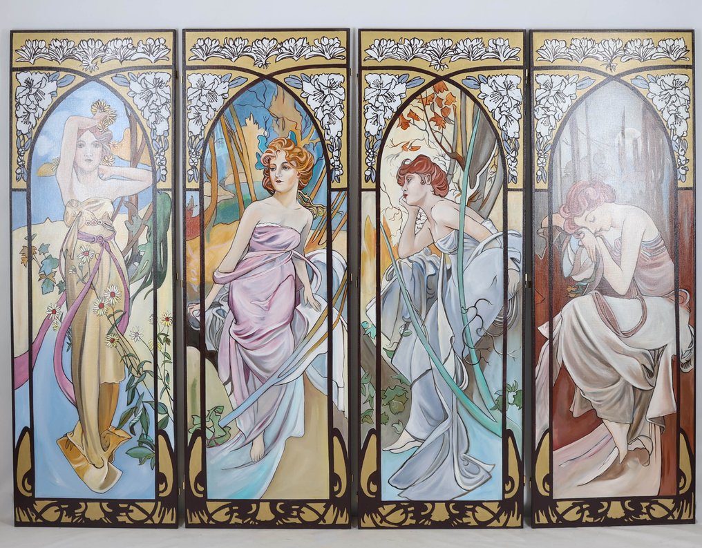 Louis Nagelkerke (1949) - Vierluik in de stijl van Alphonse Mucha - De vierjaargetijden #1.0