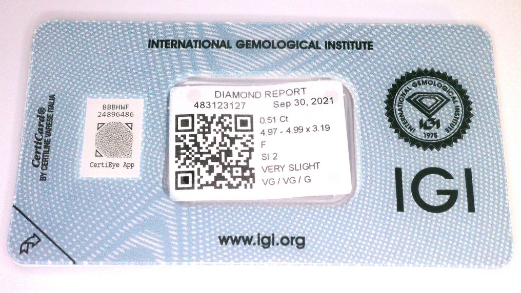 1 pcs Diamond (Natural) - 0.51 ct - Round - F - SI2 - International Gemological Institute (IGI) #2.1