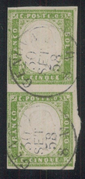 Italian Ancient States - Sardinia - 5 cents, IV Sardegna, green yellow with defective print, used pair #1.0