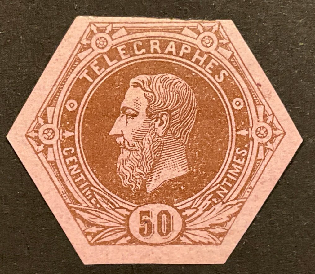Βέλγιο 1871 - Τελεγραφέλ 50c Bister - Δείγμα εκτύπωσης σε ροζ χαρτί. - STES 44 #2.1