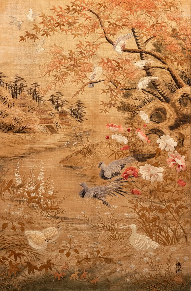 Signed - 一幅丝绸刺绣挂毯，描绘鸟类和村庄场景 - 刺绣  - 176 cm - 115 cm #1.0