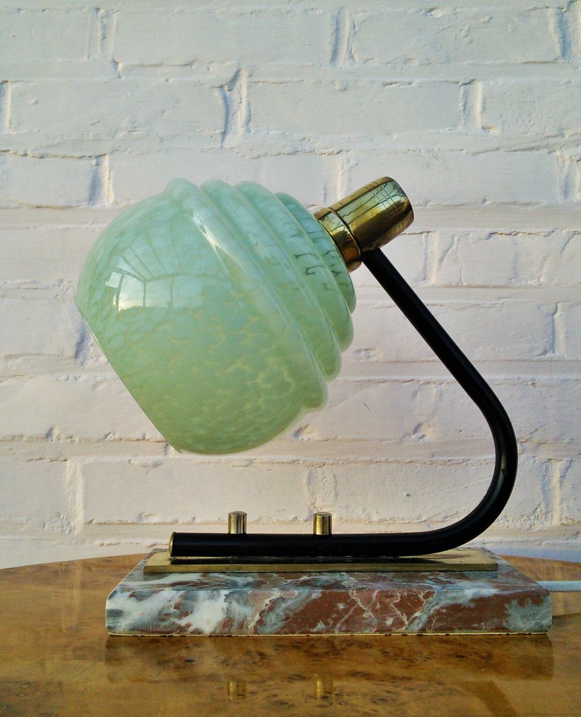 燈 - 包豪斯 - 绿色乳白色灯罩，带有浮雕环 - 玻璃, 大理石, 銅, 木 #4.3