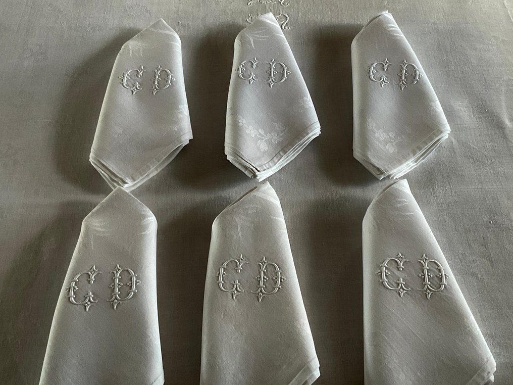 Tidiga 1900-talets damastsilke- och linnetorkdukar med initialerna C.D. - Servett - 70 cm - 85 cm #1.0