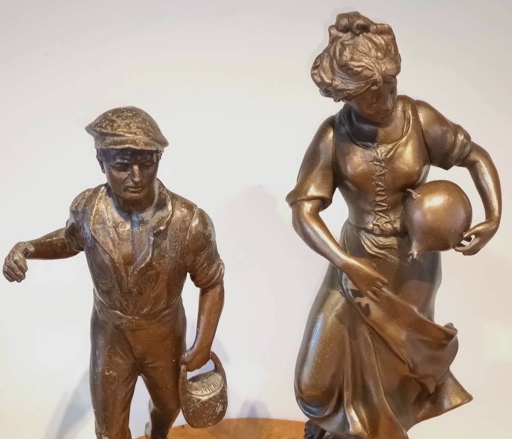 雕像, 2 Antieke Franse Beelden - 38 cm - 粗鋅 #4.3