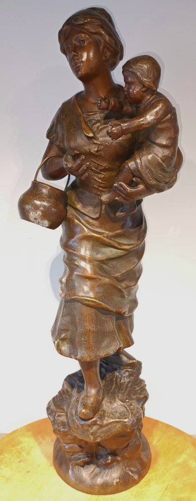 雕像, Groot Antiek Frans Beeld '' Moederschap'' - 54 cm - 粗鋅 #1.0