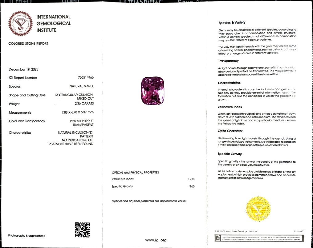χωρίς τιμή ασφαλείας Σπινέλιος - 2.36 ct - International Gemological Institute (IGI) #2.1