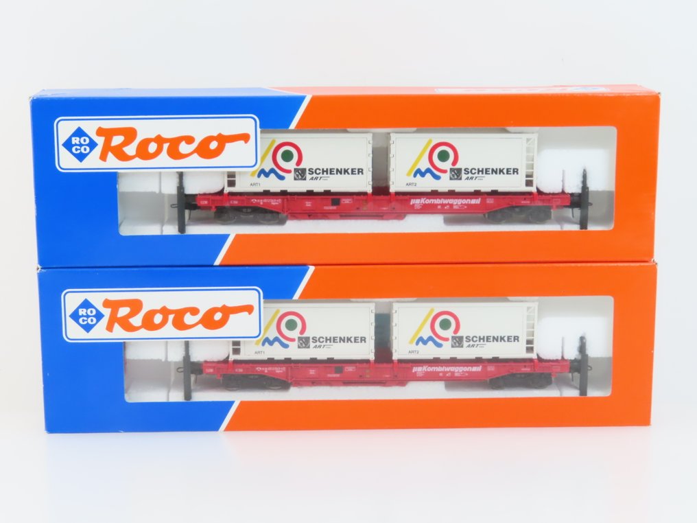 Roco H0 - 47001 - Carrozza merci di modellini di treni (2) - 2 carrelli portacontainer a 4 assi con carico e stampa 'SCHENKER'. - DB #3.2