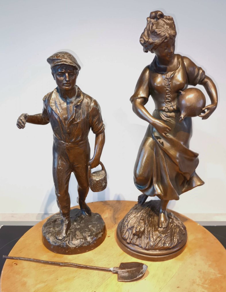 雕像, 2 Antieke Franse Beelden - 38 cm - 粗鋅 #1.0