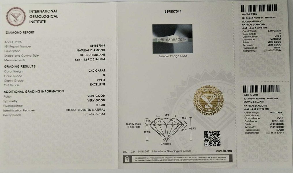 1 pcs 钻石  (天然)  - 0.40 ct - 圆形 - D (无色) - VVS2 极轻微内含二级 - 国际宝石研究院（IGI） #1.0