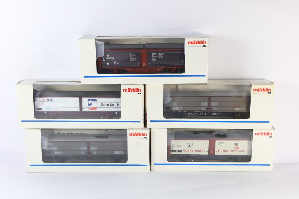 Märklin H0轨 - 4633/4833/4729/4730 - 模型火车货运车厢 (5) - 5 台滑动墙车 - DB #2.1