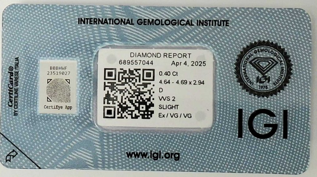 1 pcs 钻石  (天然)  - 0.40 ct - 圆形 - D (无色) - VVS2 极轻微内含二级 - 国际宝石研究院（IGI） #2.1