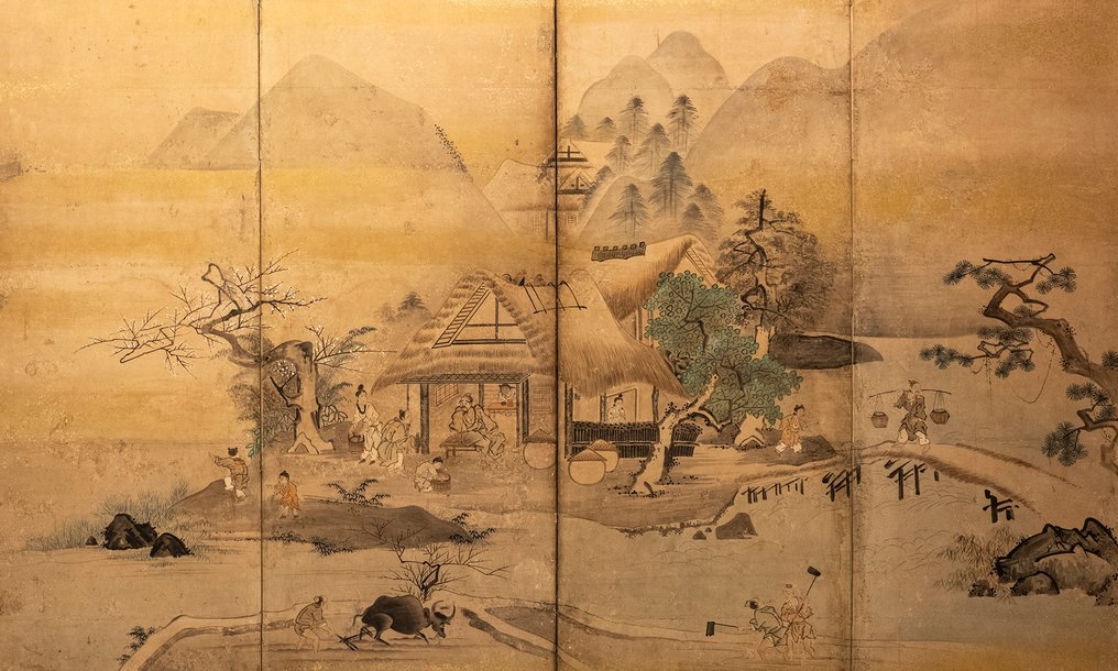 日本折叠屏风 - 纸, 木, 真丝, 一幅精美的六屏折叠屏风，描绘一幅农民劳作的山水画。 - 日本 - 明治时期（19世纪后期） #2.1