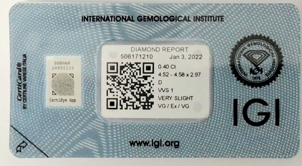 1 pcs Διαμάντι (Φυσικό) - 0.40 ct - Στρογγυλό - D (άχρωμο) - VVS1 - International Gemological Institute (IGI) #3.2