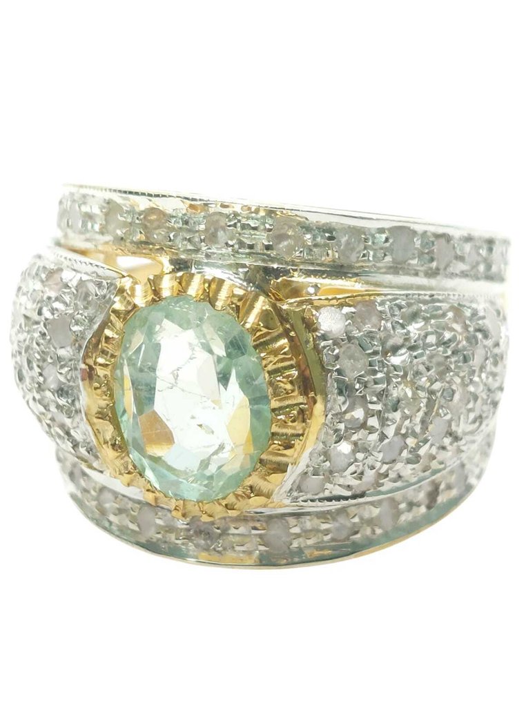 Utan reservationspris - Ring - 9 k Silver, Gult guld Akvamarin - Diamant #1.0