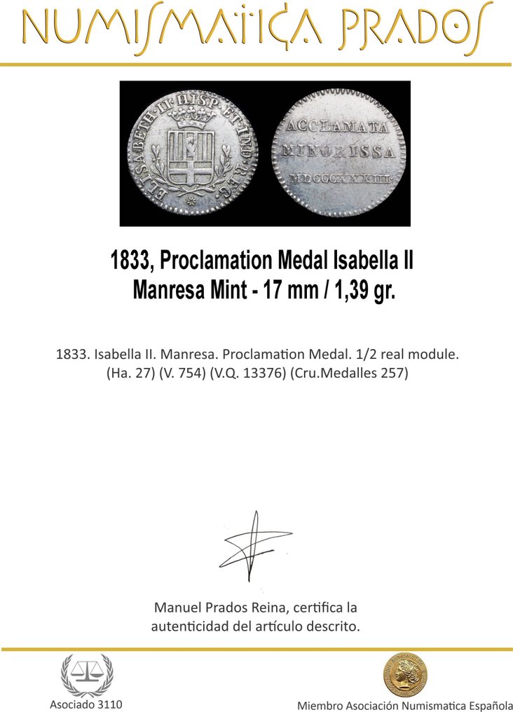Spagna. Isabella II. Medalla Proclamacion Manresa 1833, Modulo 1 real (Senza prezzo di riserva) #1.0