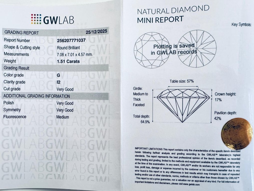 Zonder minimumprijs - 1 pcs Diamant  (Natuurlijk)  - 1.51 ct - Rond - G - P2 - Gemewizard Gemological Laboratory (GWLab) #3.2